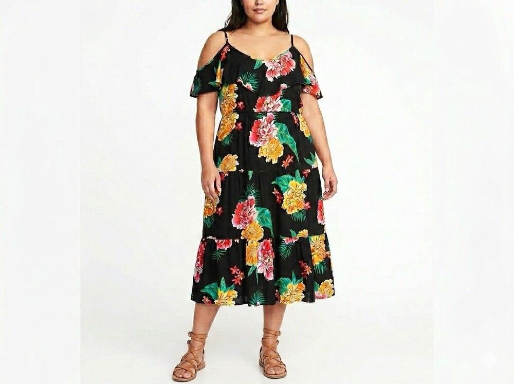 Old Navy Cold Shoulder Dress Womens XXL Black Tropical Floral Ruffle Rayon Midi